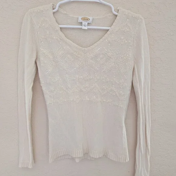 Vintage Talbots Sweater Beaded Wool Cashmere Cotton Knit Winter Snowflake Size P - Picture 2 of 7